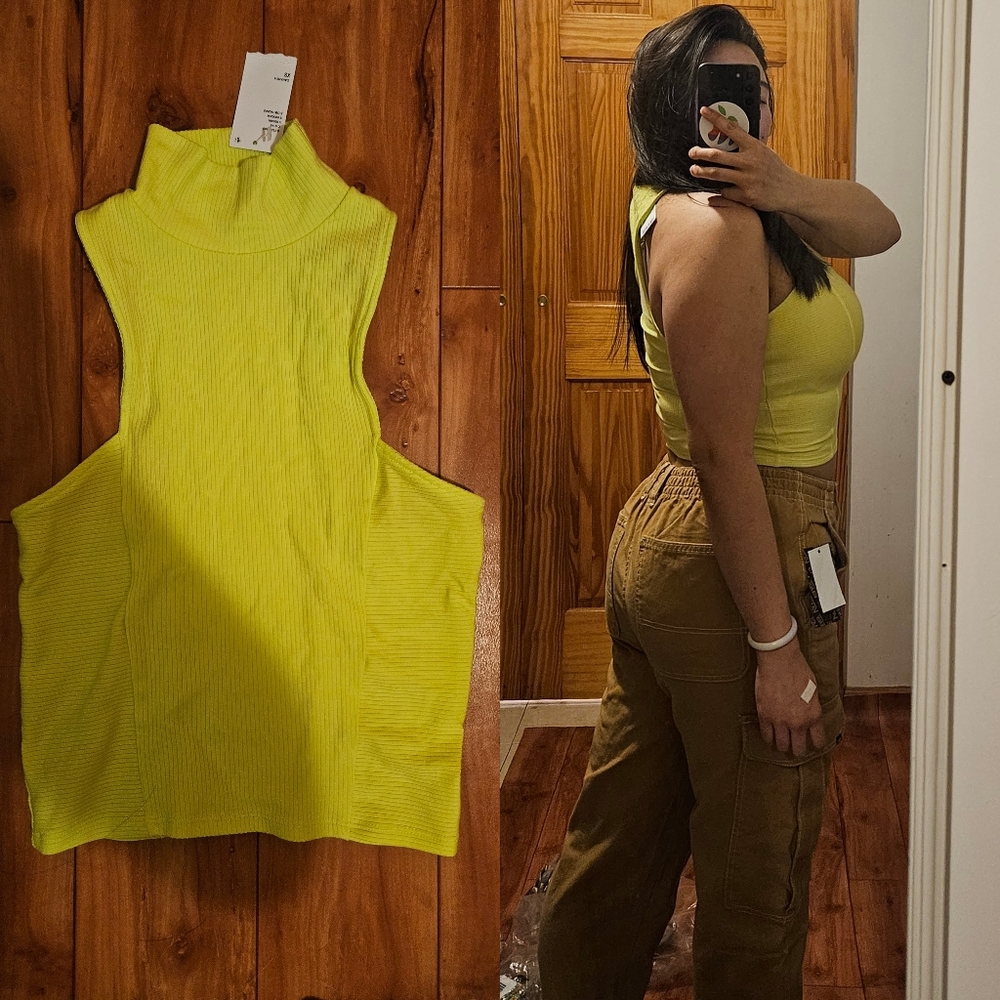 Xs UO neon yellow stretchy turtleneck sleevless crop top